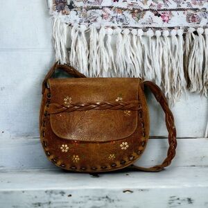 Vintage 70’s Tooled Leather / Hand Painted Bag with Braided Strap